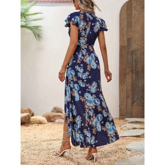 🌟 short sleeve high low Floral Print Ruffle Hem midi Dress - Picture 8 of 11